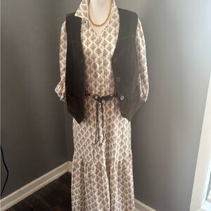 Brown and cream Botanical print Boho cottagecore button front maxi dress